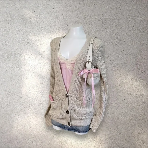 Vintage Hollister Cream Crochet Knit Cardigan - Picture 2 of 8